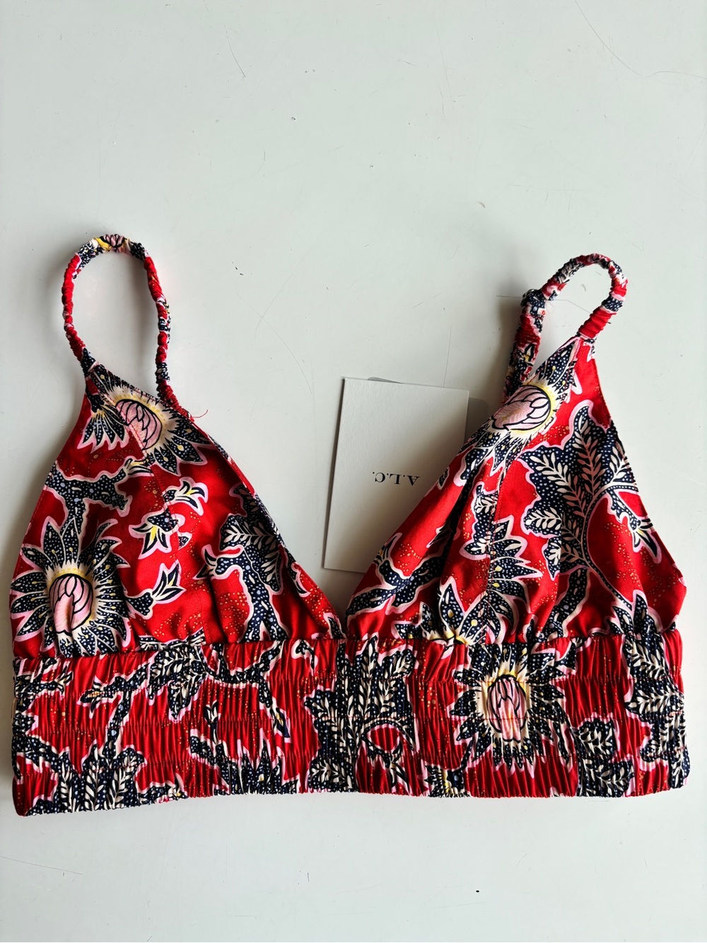 A.L.C. Lana Top Red Floral Smocked Bralette with Navy & Pink Accents